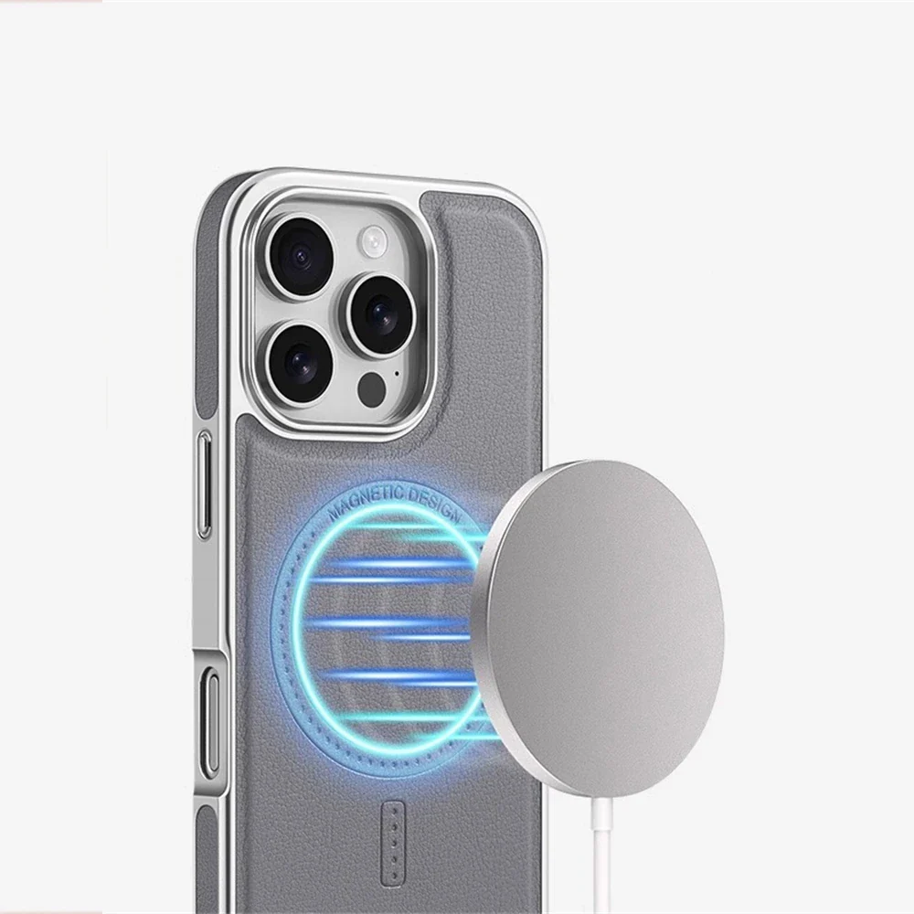 Luxury Business Plating Frame Leather Magnetic Back Case For iPhone - Image 3