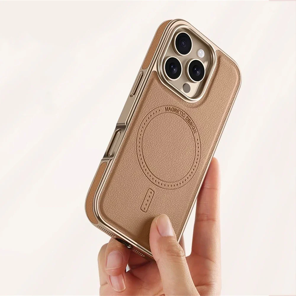 Luxury Business Plating Frame Leather Magnetic Back Case For iPhone - Image 4