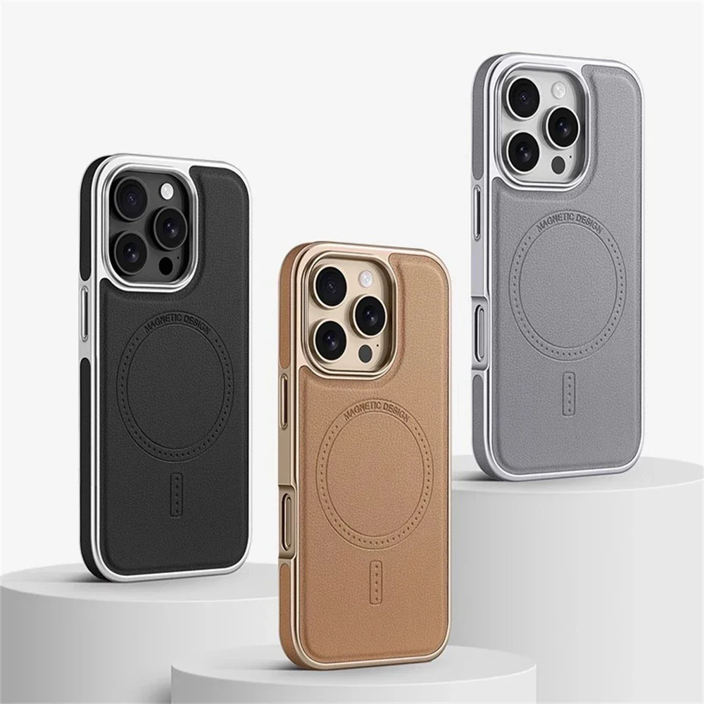 Luxury Business Plating Frame Leather Magnetic Back Case For iPhone - Image 6